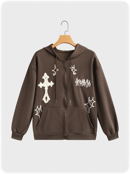 Terry Cloth Embroidery Cross Long Sleeve Zipper Hoodie