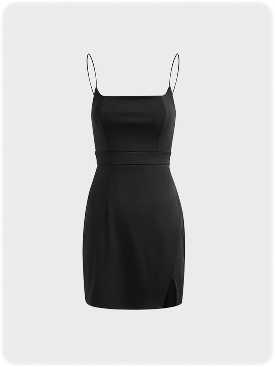 Side Slit Spaghetti Plain Short Dress