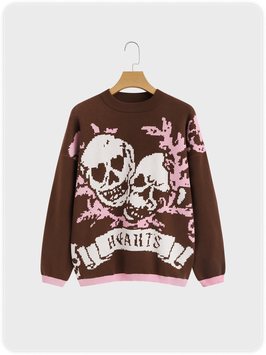 Crew Neck Skull Long Sleeve Sweater