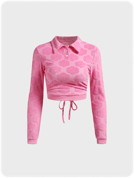 Backless Shawl Collar Floral Long Sleeve Top
