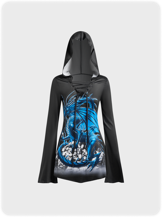 Lace Up Hoodie Animal Picture Long Sleeve Short Dress