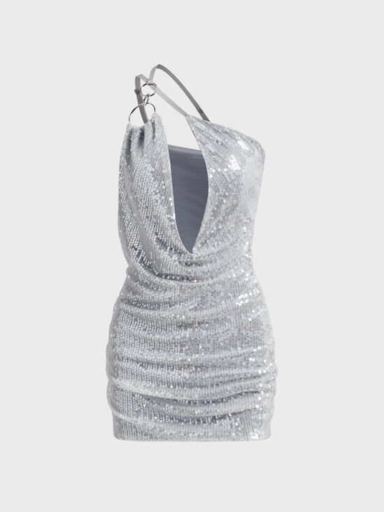 One Shoulder Metallic Glitter Short Dress
