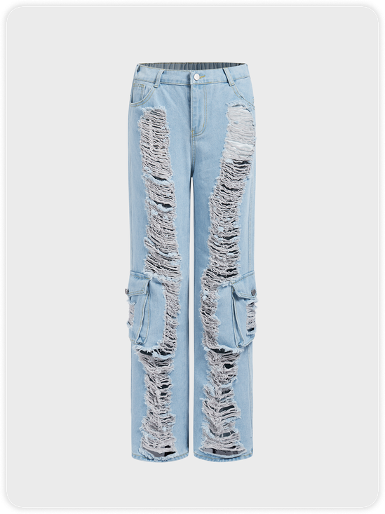 Denim Cut Out Pockets Plain Cargo Jeans