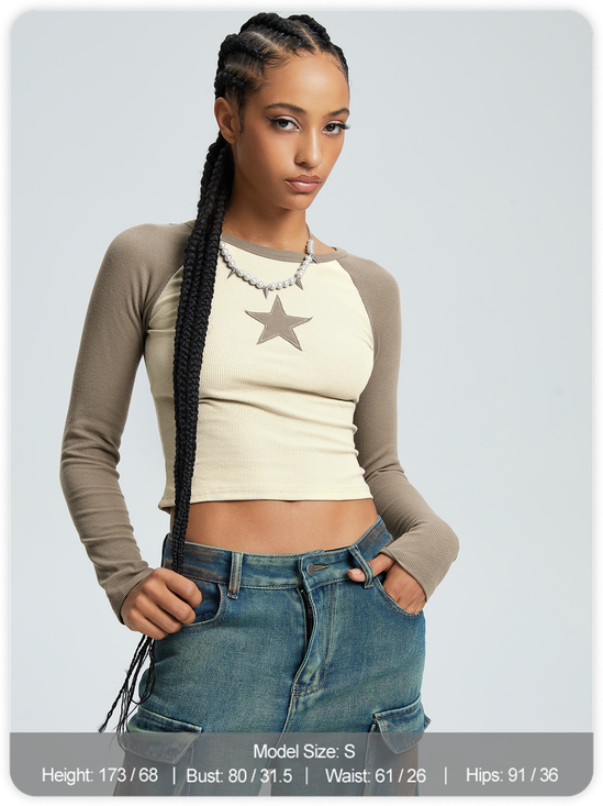 Crew Neck Color Block Star Long Sleeve T-Shirt