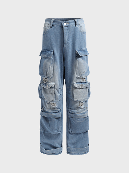 Denim Pockets Plain Cargo Pants Jeans