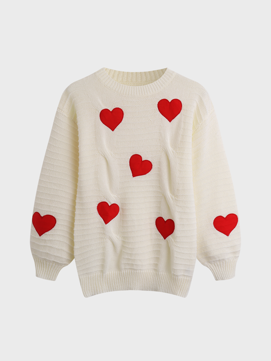 Embroidery Crew Neck Heart Long Sleeve Sweater