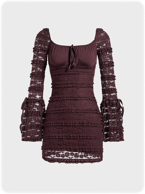 Lace Square Neck Plain Long Sleeve Short Dress
