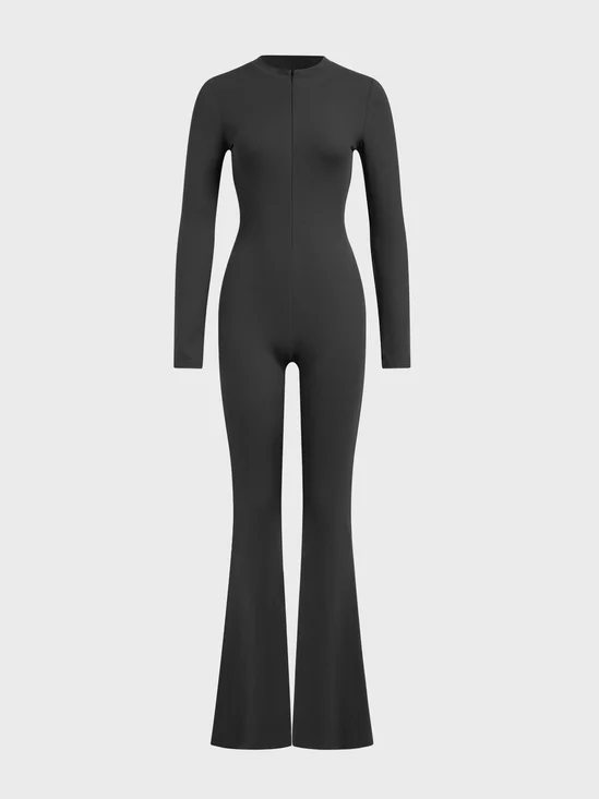【Final Sale】Crew Neck Zipper Plain Long Sleeve Jumpsuit