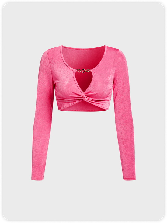 Cut Out Notched Plain Long Sleeve Shirt