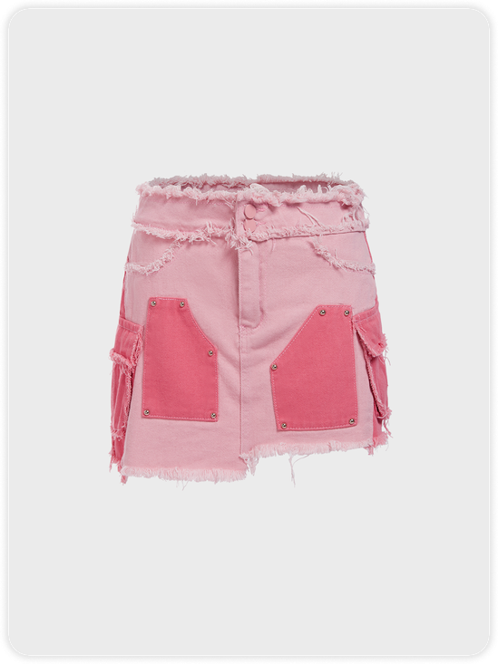 Denim Raw Edge Contrast Stitching Short Skirt