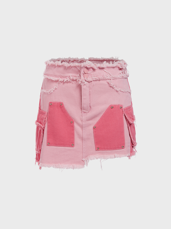 【Final Sale】Denim Raw Edge Contrast Stitching Short Skirt