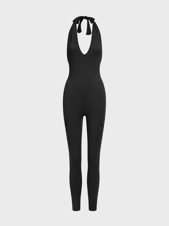 【Final Sale】V Neck Halter Plain Sleeveless Jumpsuit