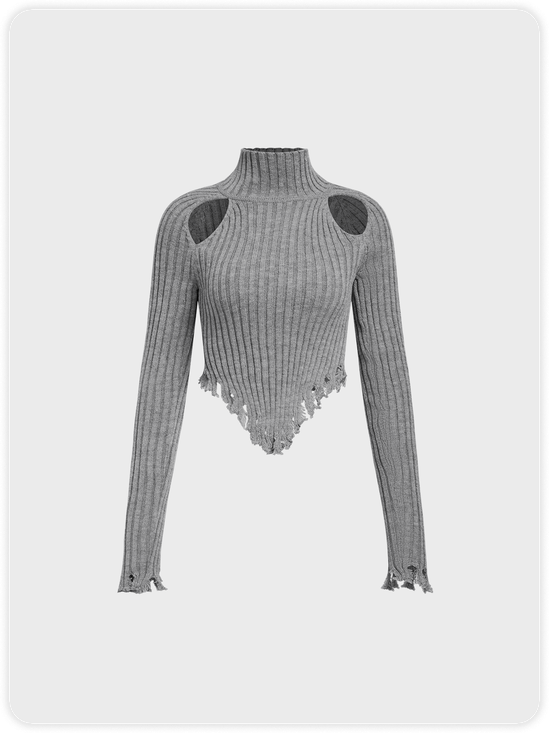 Knitted Cut Out Raw Edge Half Turtleneck Plain Long Sleeve Sweater