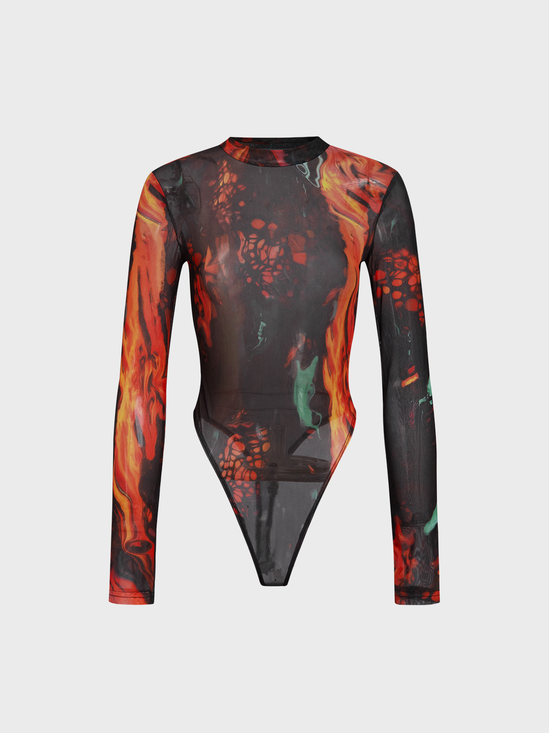 Stand Collar Abstract Long Sleeve Bodysuit