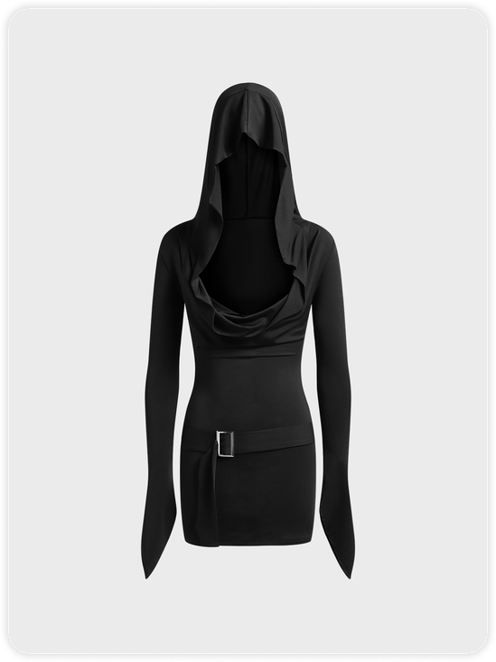 Hooded Plain Long Sleeve Short Dress