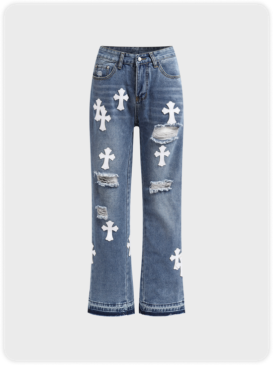 Denim Ripped Cross Bell-Bottomtrousers Jeans