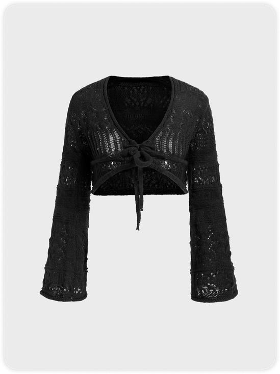 V Neck Hollow Out Plain Long Sleeve Cardigan