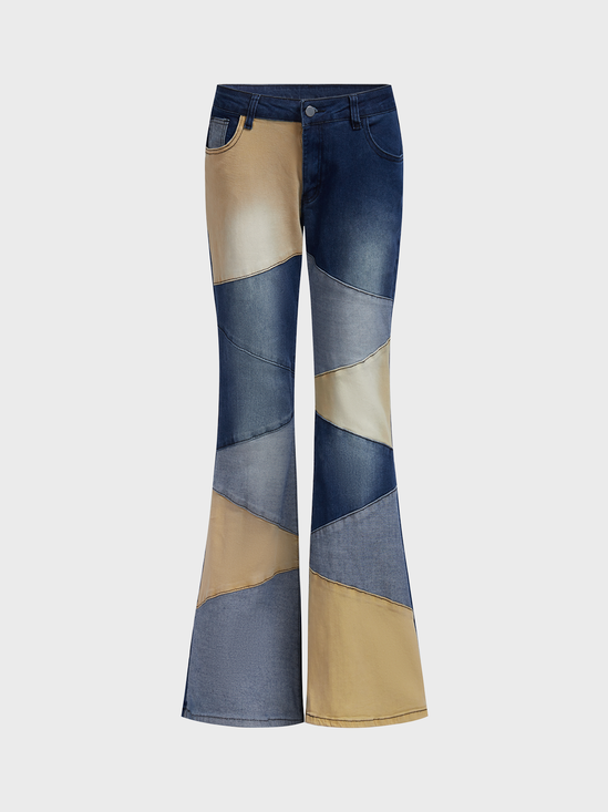 Denim Color Block Bell-Bottomtrousers Jeans