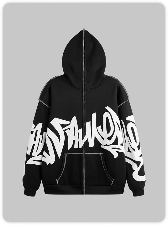 Text Letters Zipper Long Sleeve Hoodie