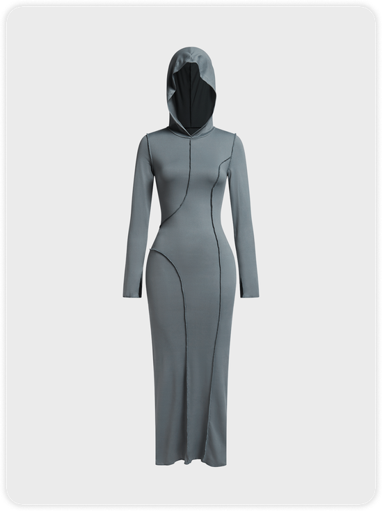 Asymmetrical Hooded Plain Long Sleeve Maxi Dress