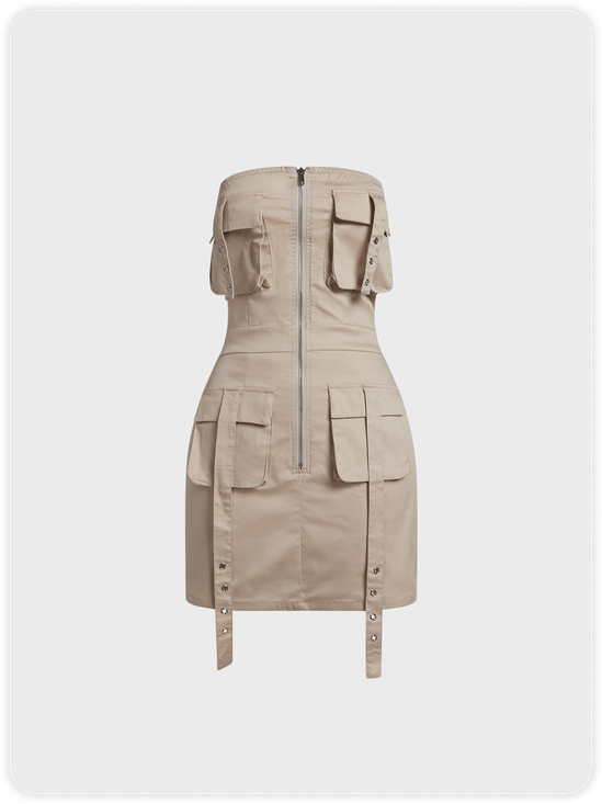 Pocket Plain Zipper Sleeveless Short Dress