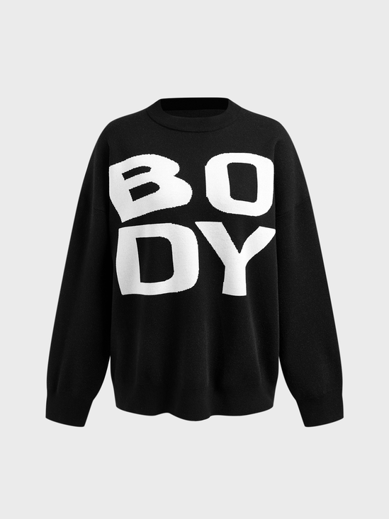 Knitted Crew Neck Text Letters Long Sleeve Sweater