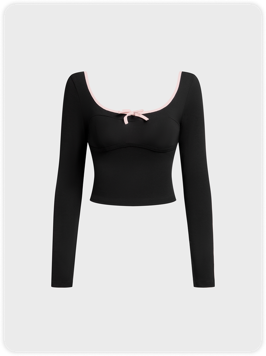 Square Neck Backless Color Block Long Sleeve T-Shirt