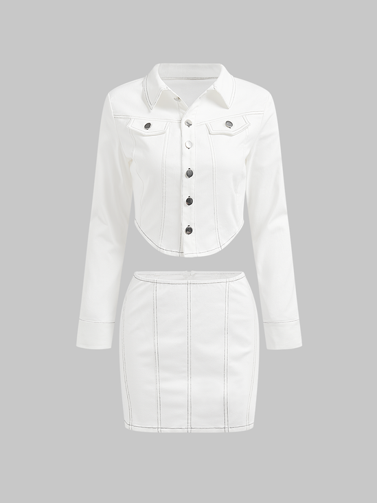 Cotton Plain Jacket With Skirt Two-Piece Set