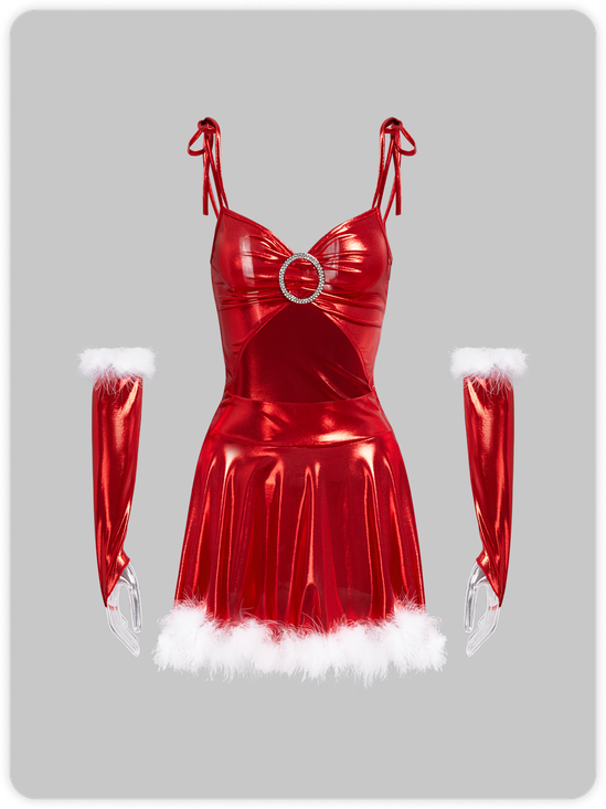 Christmas Spaghetti Fuzzy Trim Color Block Short Dress