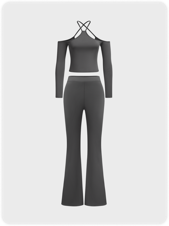 Cut Out Plain Top With Pants Two-Piece Set