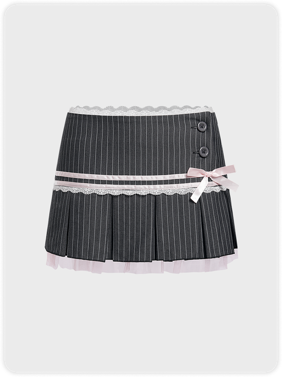 Lace Trim Stripe Pleated Short Skirt