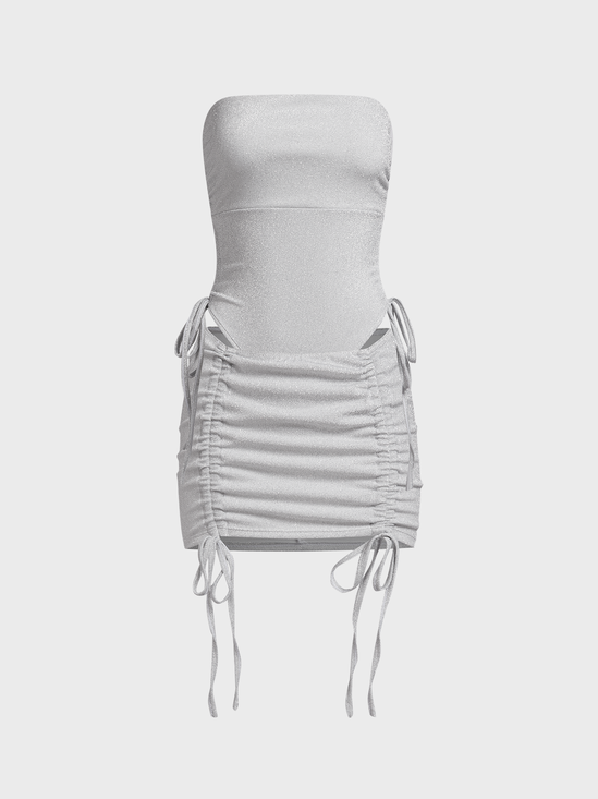 Drawstring Plain Bodysuit With Skirt Two-Piece Set