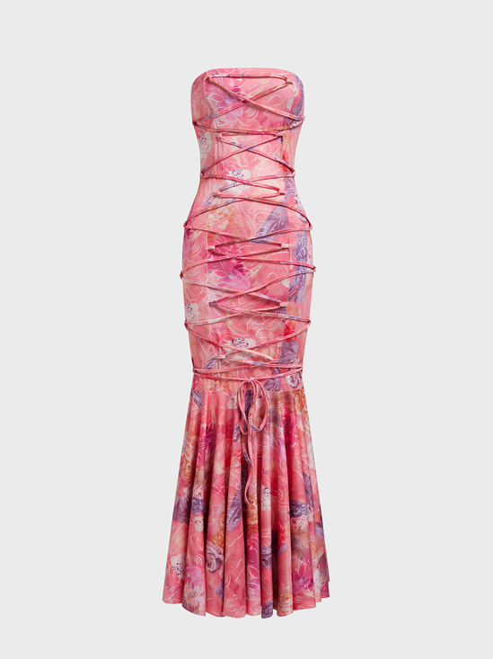 Lace Up Sleated Strapless Floral Maxi Tube Dress