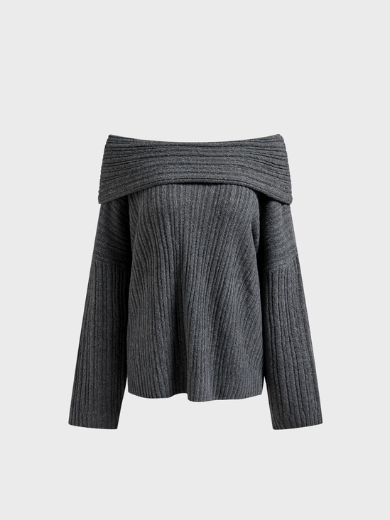Knitted Off-shoulder Plain Long Sleeve Sweater