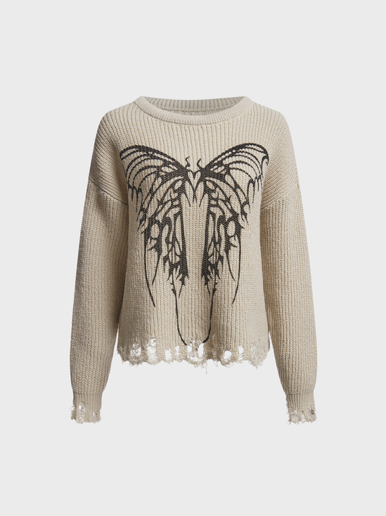 Crew Neck Butterfly Long Sleeve Sweater
