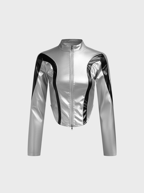 Metallic Stand Collar Plain Long Sleeve Jacket
