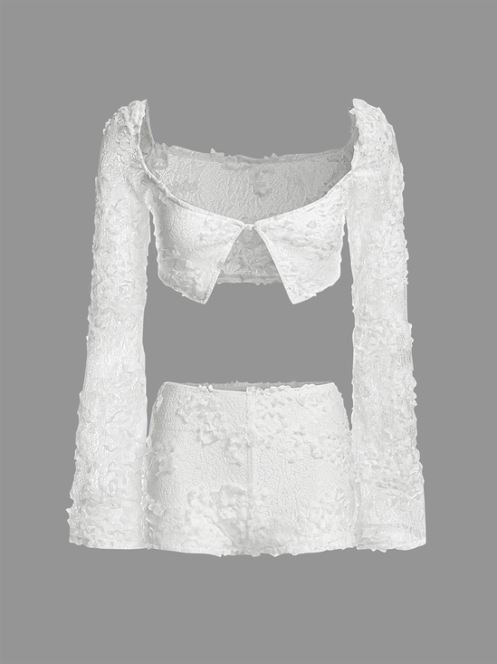 Lace Plain Top With Shorts Two-Piece Set