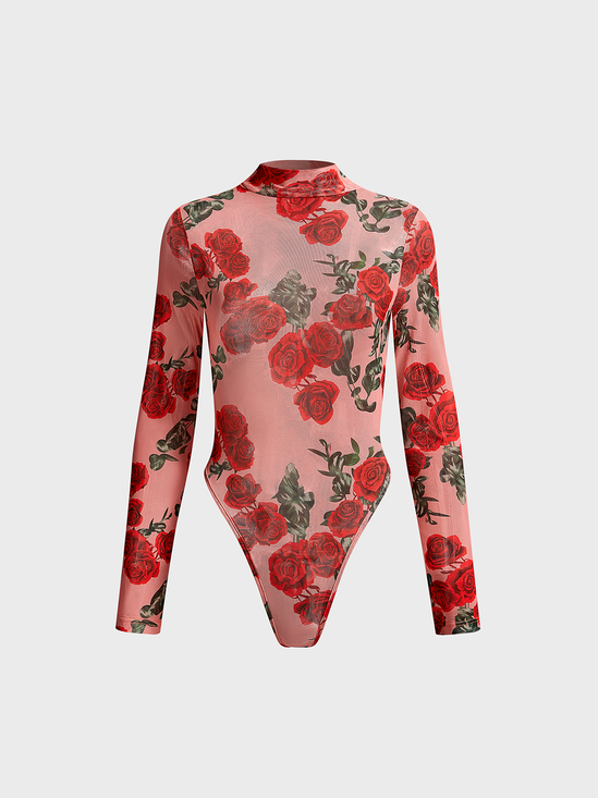 Half Turtleneck Floral Long Sleeve Jumpsuit