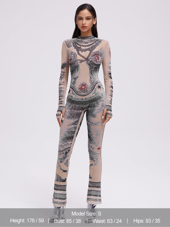 Mesh Crew Neck Abstract Pattern Long Sleeve Jumpsuit