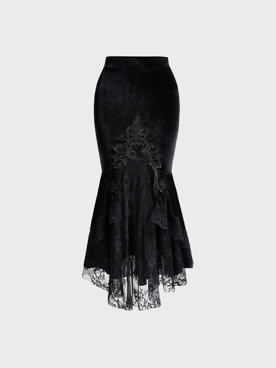 Lace Embroidery Velvet Plain Maxi Skirt