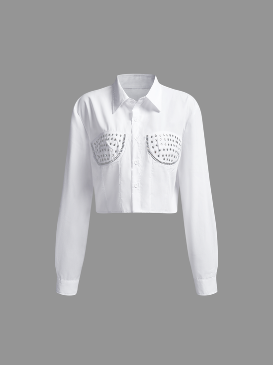 Hotfix Rhinestone Shirt Collar Plain Long Sleeve Blouse