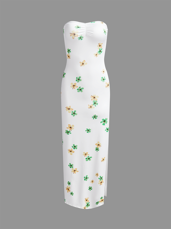 Split Strapless Small Floral Sleeveless Maxi Dress