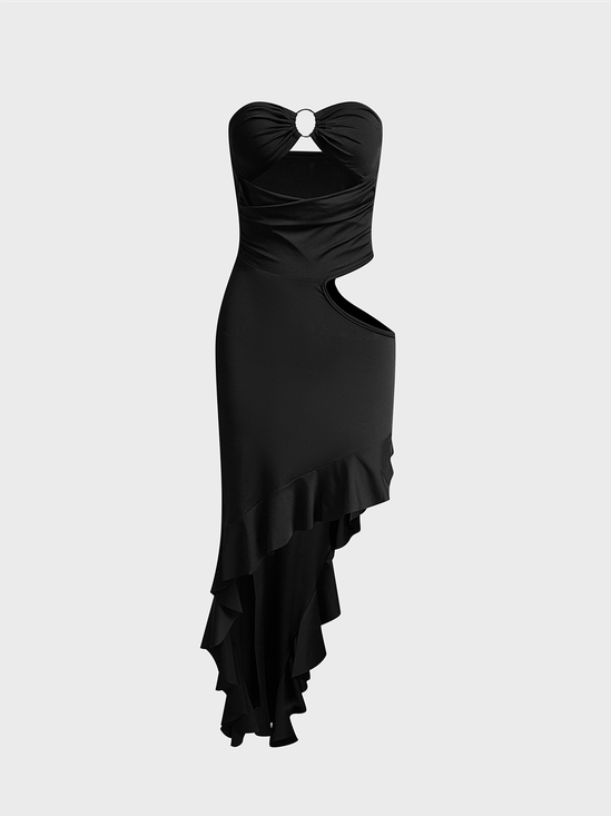 Cut Out Asymmetrical Design Ruffles Strapless Plain Sleeveless Maxi Dress