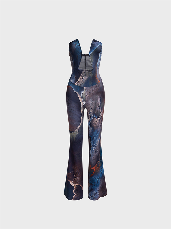 Cut Out Strapless Abstract Sleeveless Jumpsuit