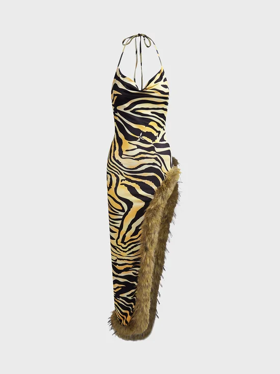 Patchwork Side Slit Sherpa Spaghetti Leopard Sleeveless Short Dress