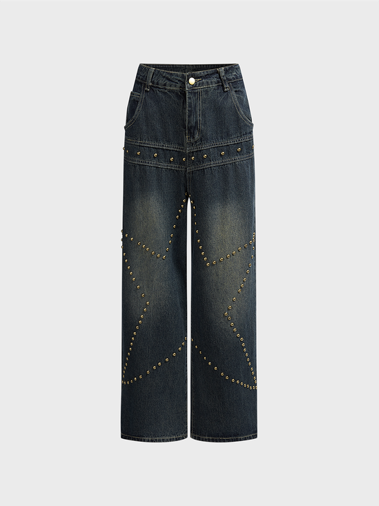 Denim Metal Star Wide Leg Pants Jeans