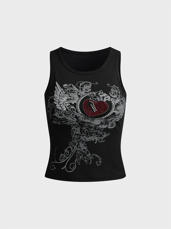 Hotfix Rhinestone Crew Neck Ethnic Tank Top