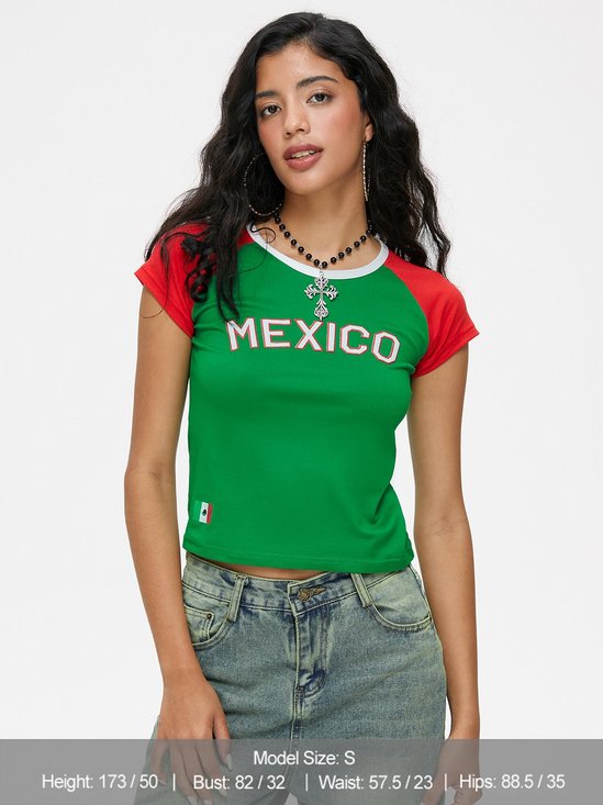 Mexico Crew Neck Color Block Short Sleeve T-Shirt