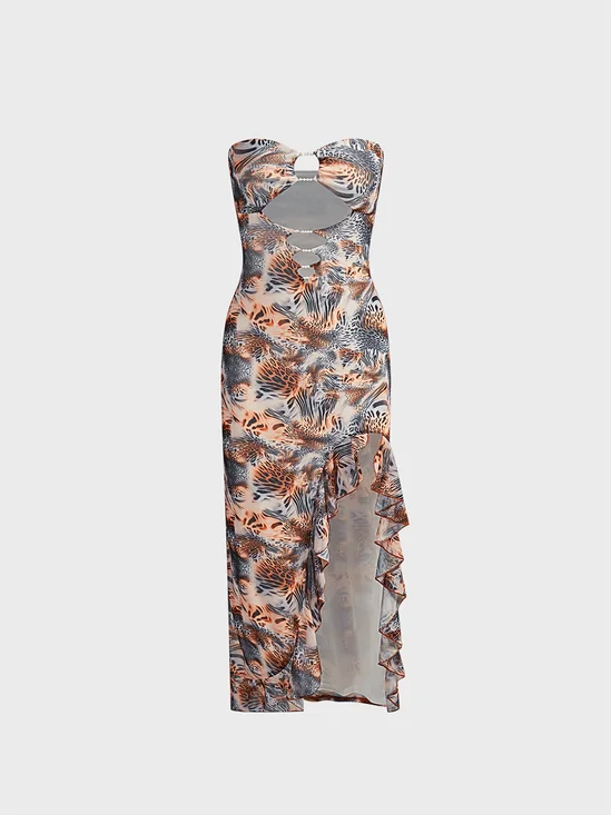 Cut Out Strapless Animal Print Sleeveless Midi Dress