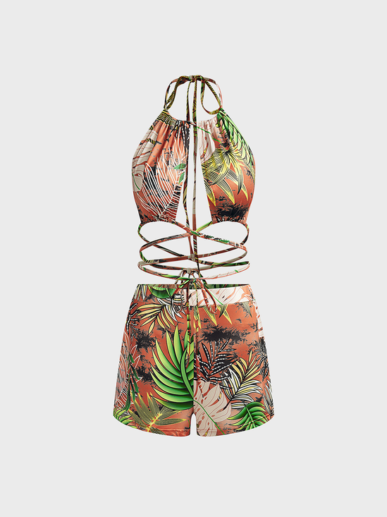 Lace Up Backless Tropical Top With Skirt Two-Piece Set